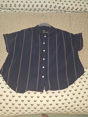 Madewell Navy Button-Front Top with Rust Stripes